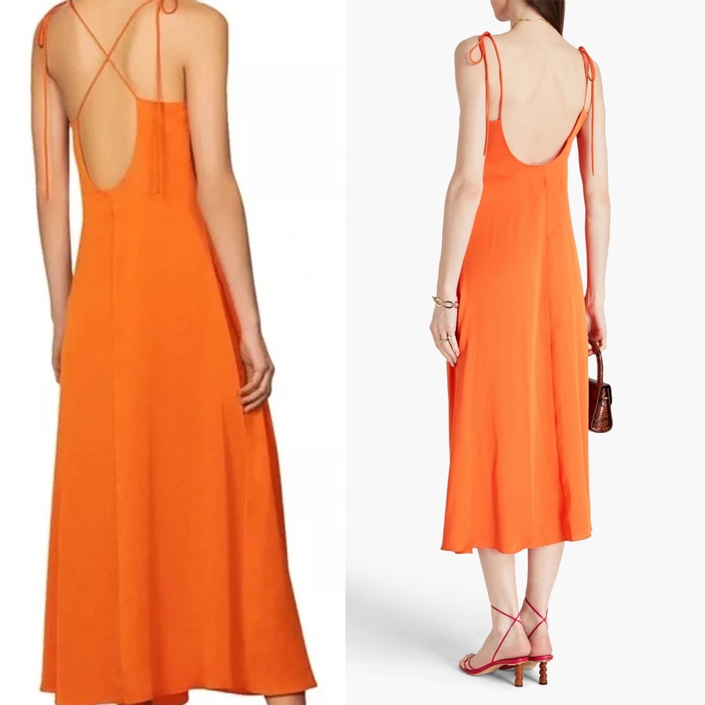 Sandro - Praline Ruched Satin-crepe Midi Dress - Orange Tomato - Picture 2 of 13
